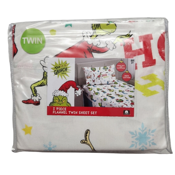 THE GRINCH Dr Seuss TWIN 3 piece Flannel Sheet Set - Picture 2 of 6